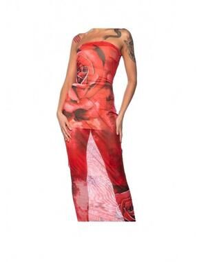 Akira Stop And Smell The Roses Red Mesh Maxi Dress Coverup Strapless Size M